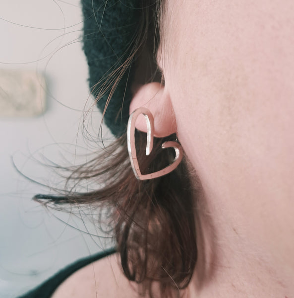 Heart Hoop Handmade earrings shown when worn