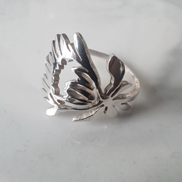 Sterling silver protea ring close up
