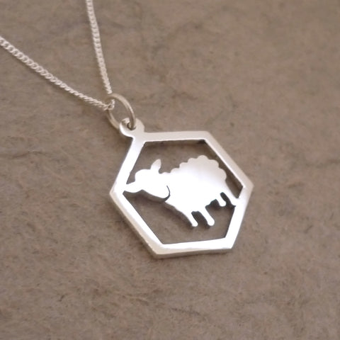 Catan-inspired Sheep in Hexagon Pendant on Chain (Sterling silver)