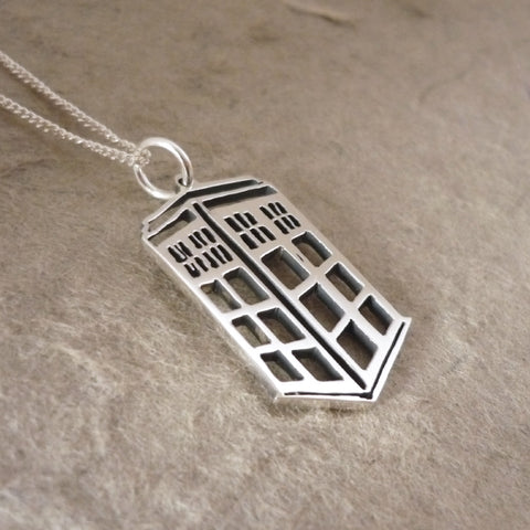 Hand-cut Phone Box Sterling Silver Pendant on Chain